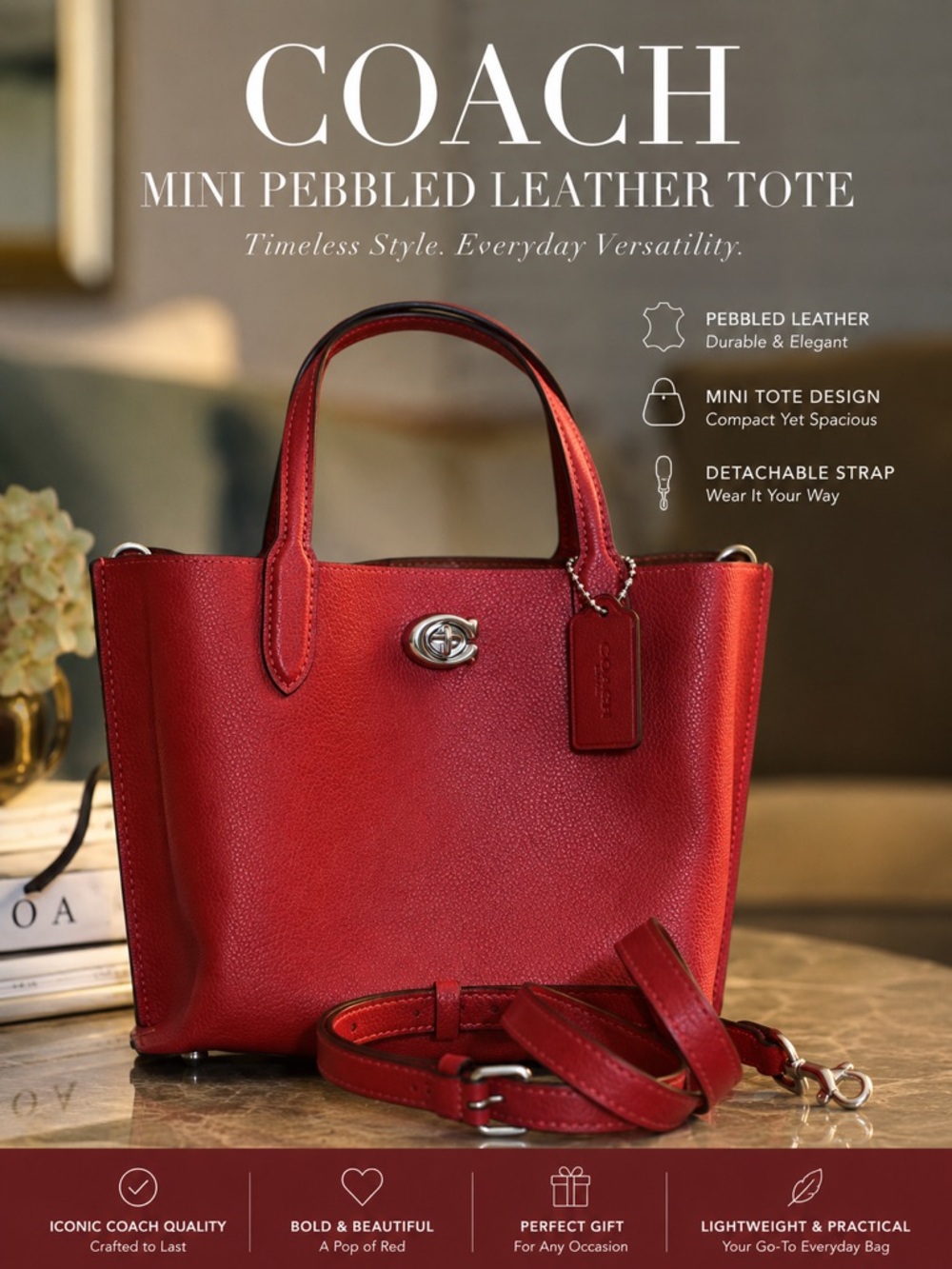 Coach Red Pebbled Leather Tote with Shoulder Strap MINI